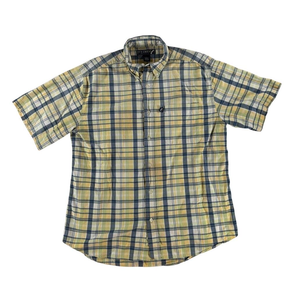 Ivy Crew Explorer Mens Short Sleeve Button Up Shirt - Yellow Blue White - Large